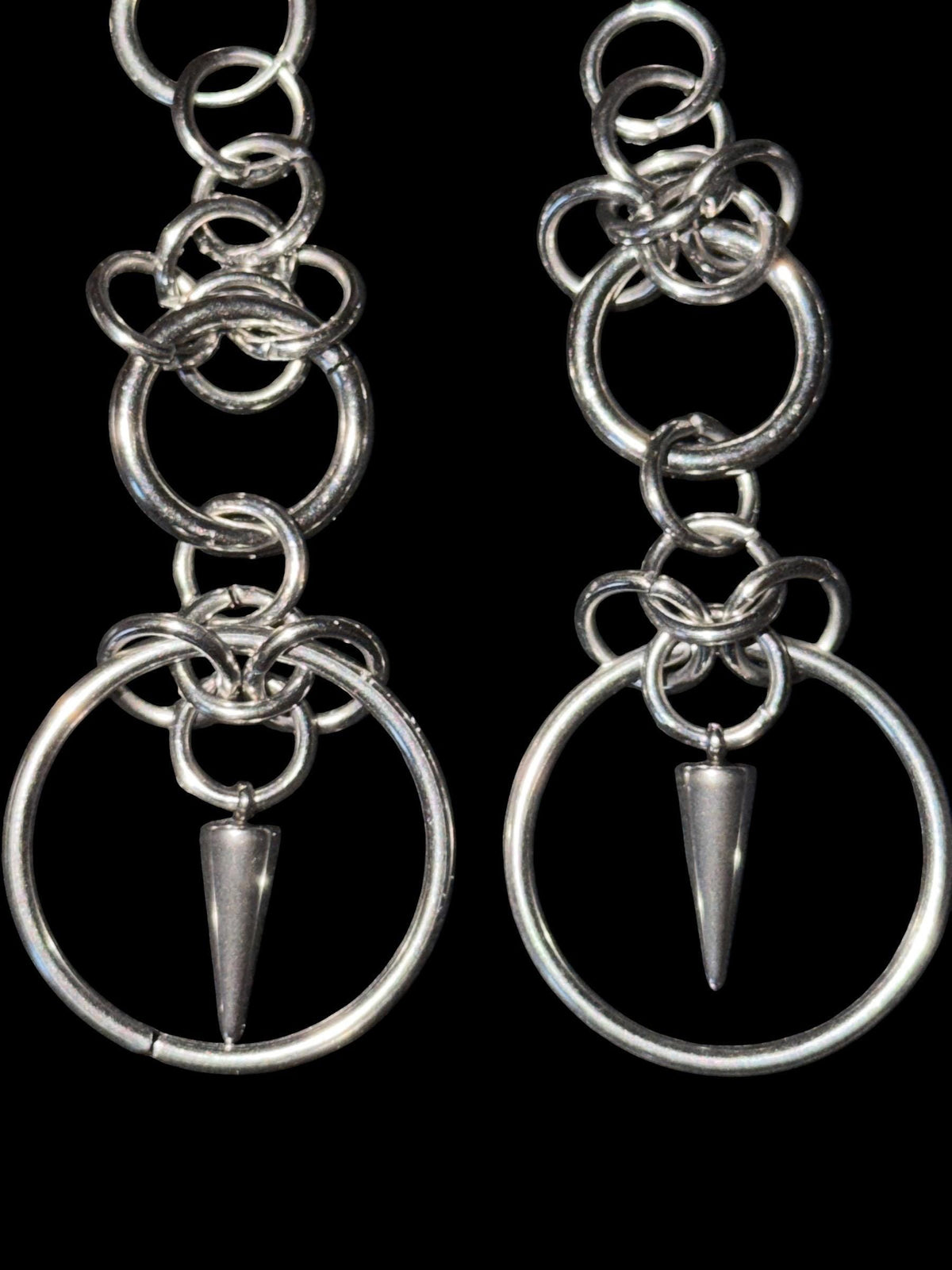 Stainless Steel Spike Earrings – Chainmail O-Ring Drop Earrings, Industrial Gothic Punk Jewellery