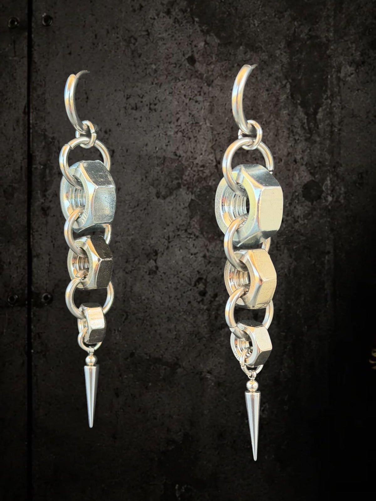 Industrial Hex Nut Earrings, Punk Festival Jewelry, Stainless Steel Chain Spikes