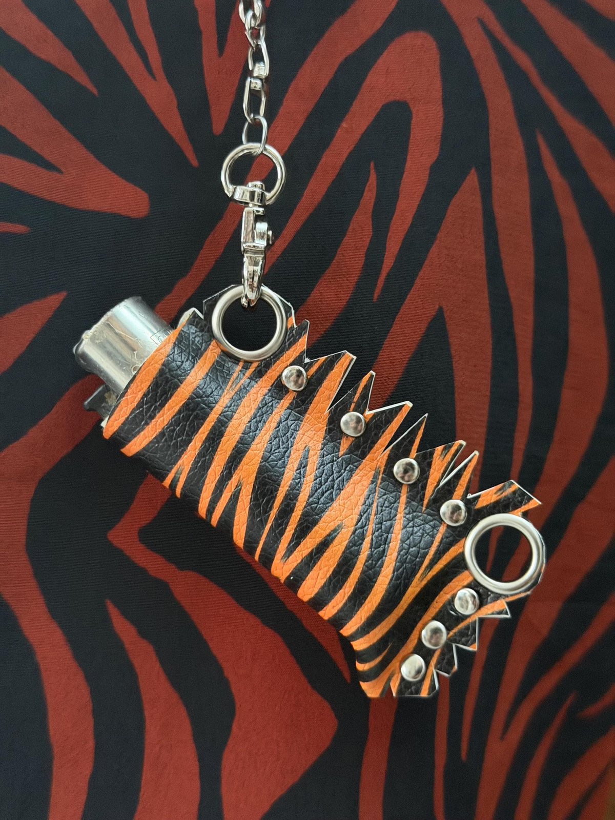 Vegan Leather Tiger Print Lighter Holder with Detachable Chains – Handmade Alternative Accessory