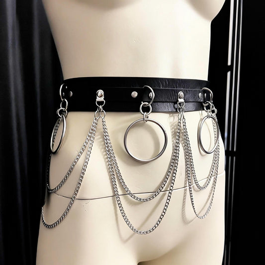 Gothic Chain Belt, Upcycled Faux Leather, Stainless Steel O-Rings