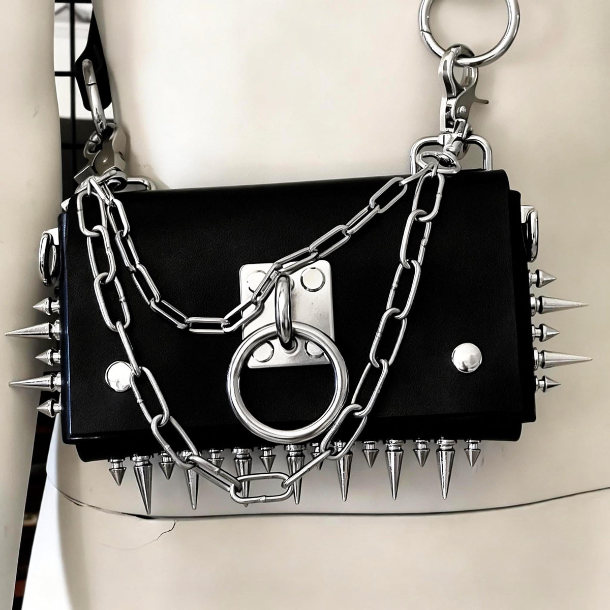 Gothic Leather Harness Bag, Handmade Italian vegetable tanned hide, Spikes and stainless steel hardware