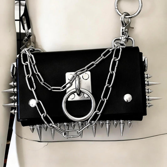 Gothic Leather Harness Bag, Handmade Italian vegetable tanned hide, Spikes and stainless steel hardware