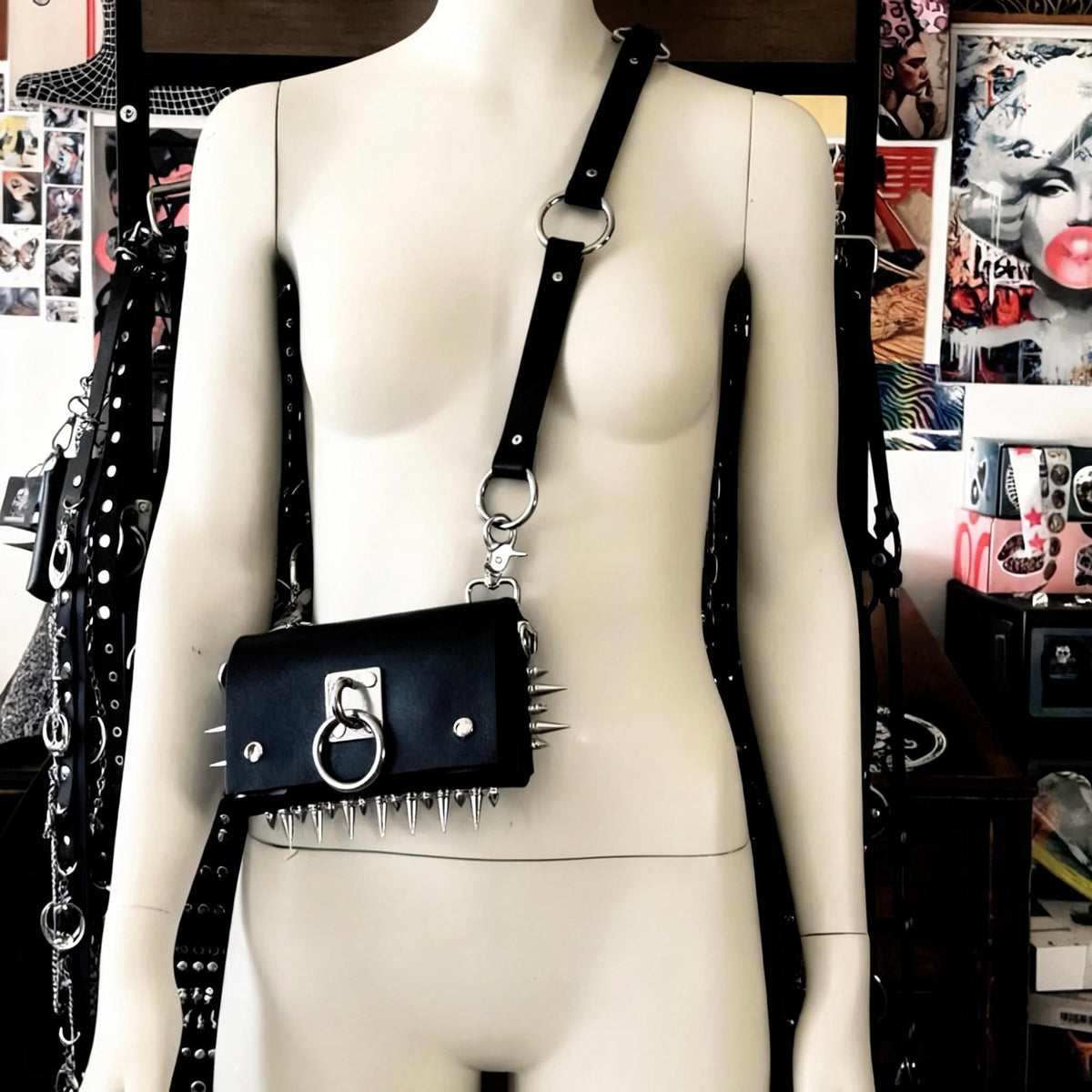 Gothic Leather Harness Bag, Handmade Italian vegetable tanned hide, Spikes and stainless steel hardware