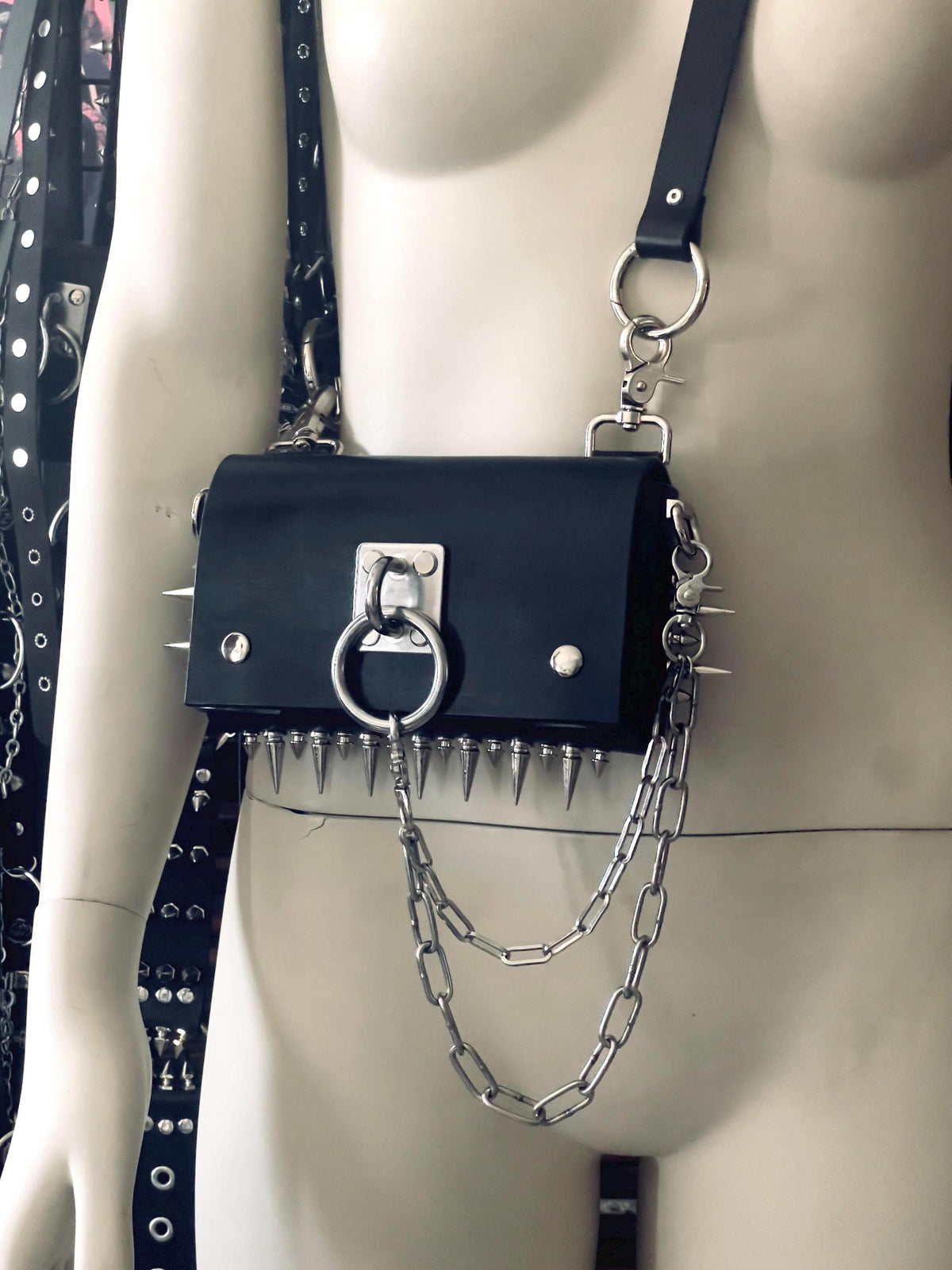 Gothic Leather Harness Bag, Handmade Italian vegetable tanned hide, Spikes and stainless steel hardware