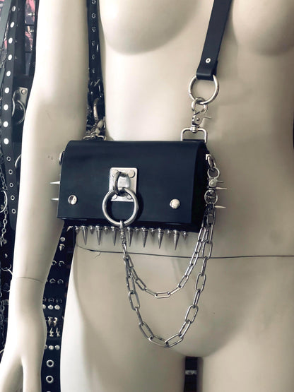 Gothic Leather Harness Bag, Handmade Italian vegetable tanned hide, Spikes and stainless steel hardware