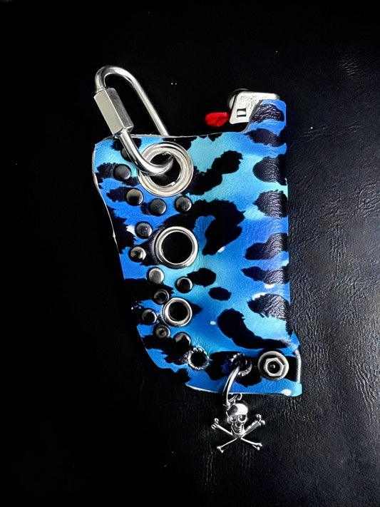 Electric Blue & Black Leopard Print Genuine Leather Lighter Case – Skull Bag Charm