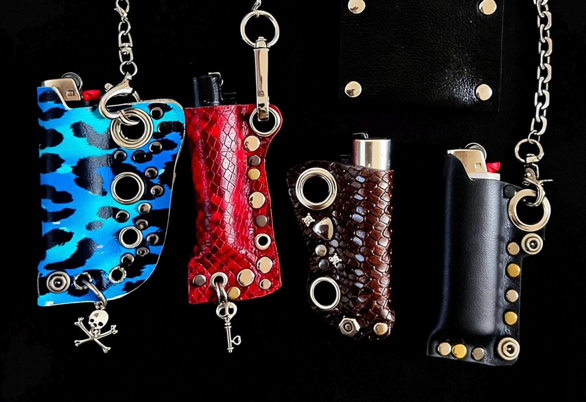 Electric Blue & Black Leopard Print Genuine Leather Lighter Case – Skull Bag Charm