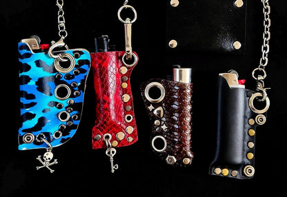 Electric Blue & Black Leopard Print Genuine Leather Lighter Case – Skull Bag Charm