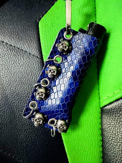 Blue & Black Python Print Genuine Leather Lighter or Lipstick Case / Bag Charm