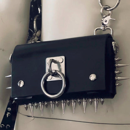 Gothic Leather Harness Bag, Handmade Italian vegetable tanned hide, Spikes and stainless steel hardware