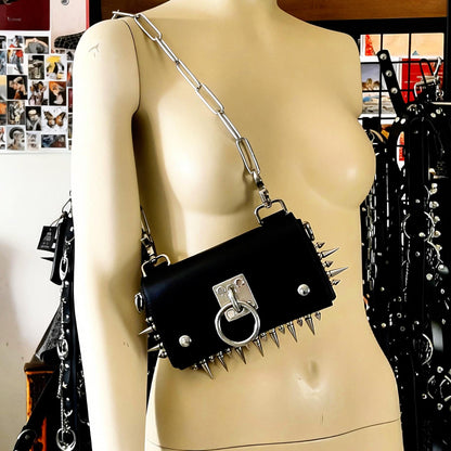 Gothic Leather Harness Bag, Handmade Italian vegetable tanned hide, Spikes and stainless steel hardware