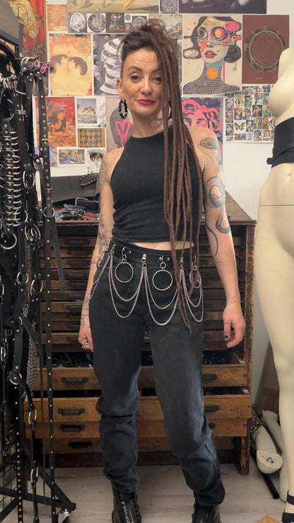 Gothic Chain Belt, Upcycled Faux Leather, Stainless Steel O-Rings