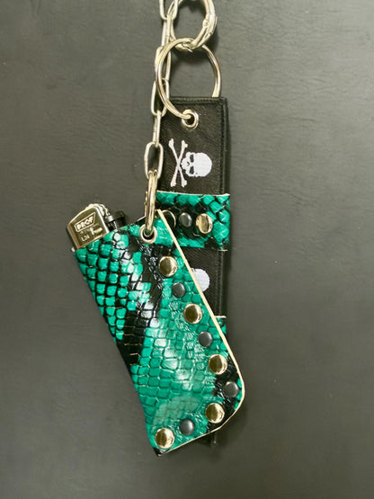 Leather Lighter Holder Keychain, Turquoise Snakeskin Finish, Long Chain with Skull Webbing