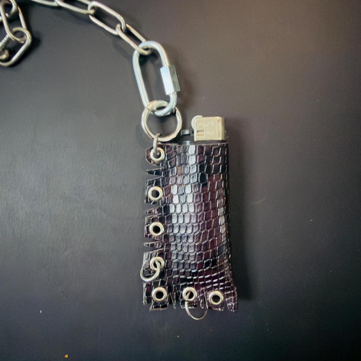 Leather Lighter Holder Keychain, Skull Flame Design, Dark Red Snake Print, Nightlife Accessory