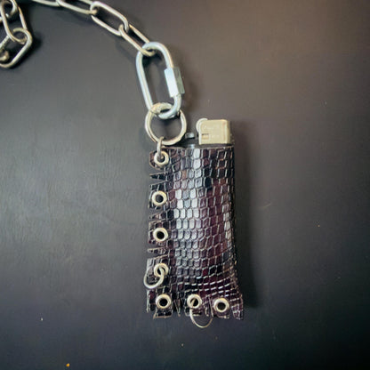 Leather Lighter Holder Keychain, Skull Flame Design, Dark Red Snake Print, Nightlife Accessory
