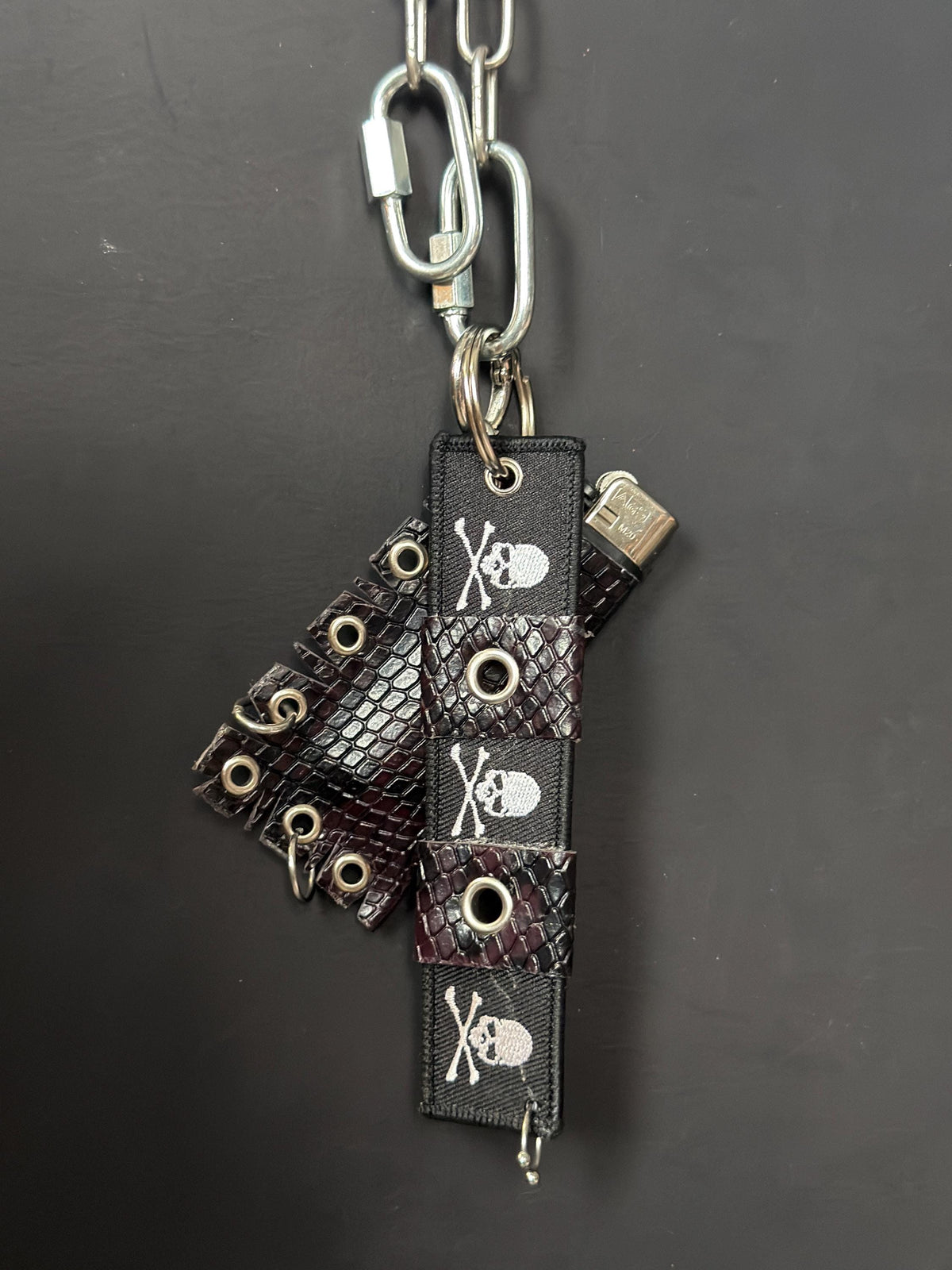 Leather Lighter Holder Keychain, Skull Flame Design, Dark Red Snake Print, Nightlife Accessory