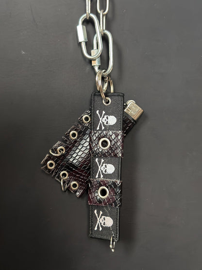 Leather Lighter Holder Keychain, Skull Flame Design, Dark Red Snake Print, Nightlife Accessory