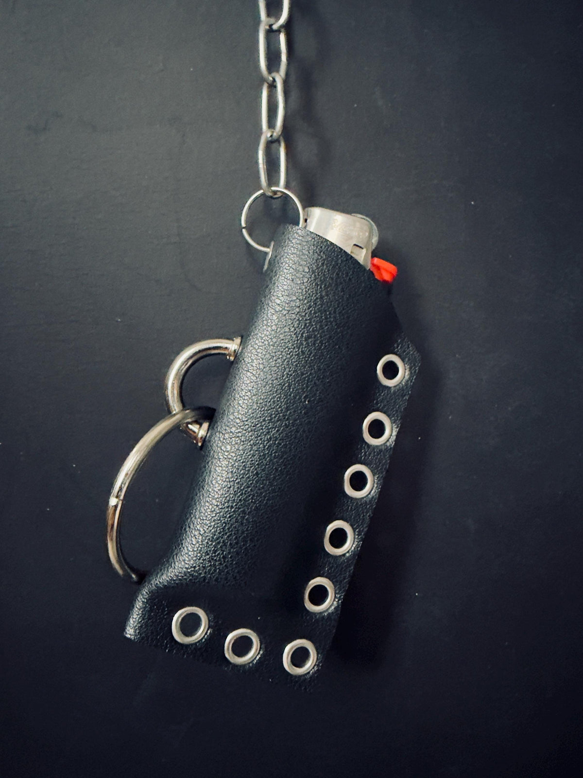 Leather lighter holder keychain, Handmade O-Ring Bag Charm with Long Chain, Gothic accessories