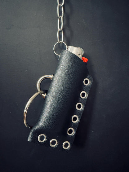 Leather lighter holder keychain, Handmade O-Ring Bag Charm with Long Chain, Gothic accessories