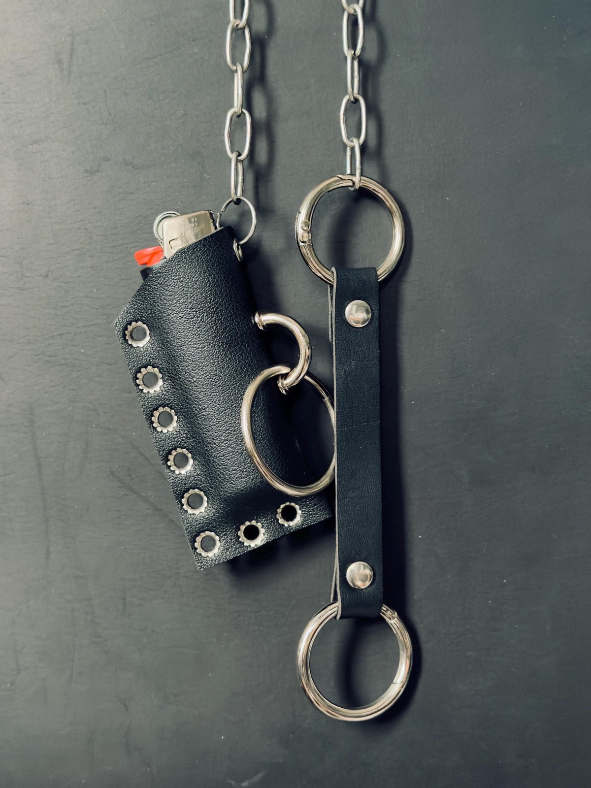 Leather lighter holder keychain, Handmade O-Ring Bag Charm with Long Chain, Gothic accessories