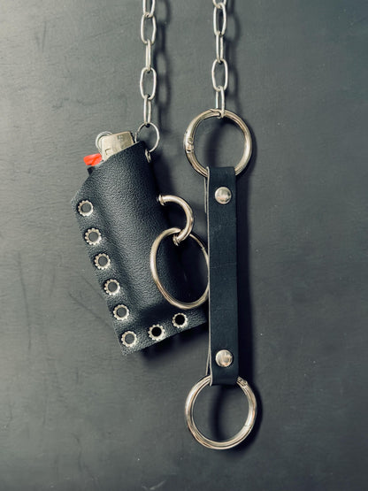 Leather lighter holder keychain, Handmade O-Ring Bag Charm with Long Chain, Gothic accessories