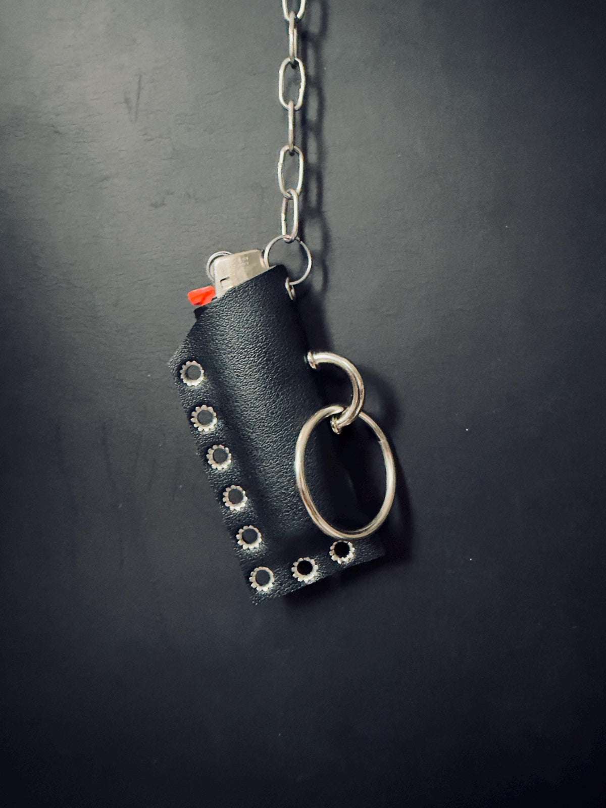 Leather lighter holder keychain, Handmade O-Ring Bag Charm with Long Chain, Gothic accessories