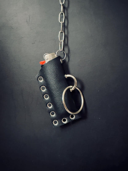 Leather lighter holder keychain, Handmade O-Ring Bag Charm with Long Chain, Gothic accessories