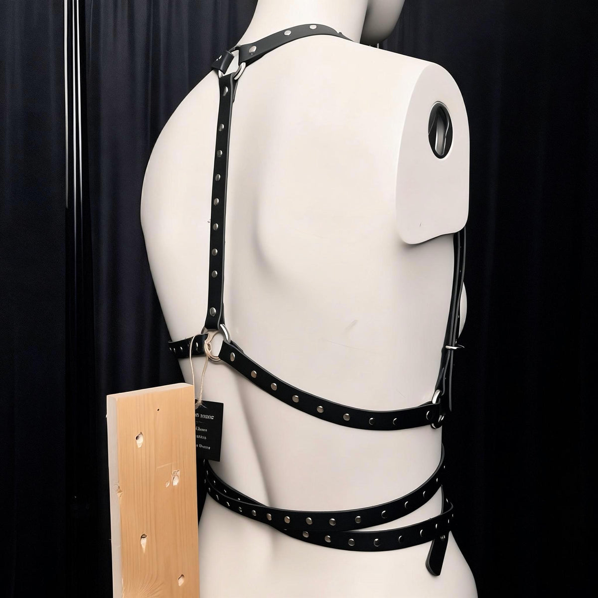 Black leather body harness, Silver Hardware Wrap Belt with Adjustable Waist Straps, Synthetic Leather Design
