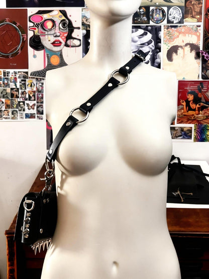 Gothic Leather Harness Bag, Handmade Italian vegetable tanned hide, Spikes and stainless steel hardware