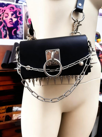Gothic Leather Harness Bag, Handmade Italian vegetable tanned hide, Spikes and stainless steel hardware