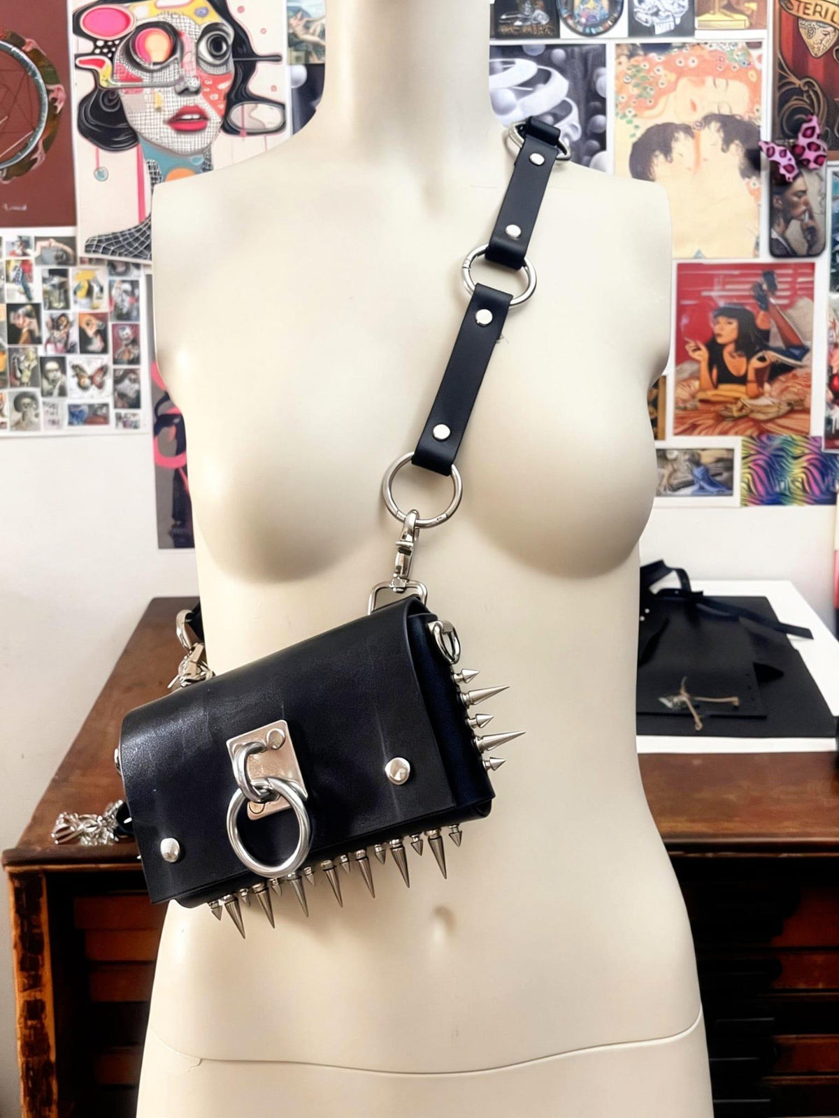 Gothic Leather Harness Bag, Handmade Italian vegetable tanned hide, Spikes and stainless steel hardware