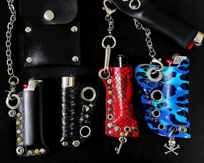 Electric Blue & Black Leopard Print Genuine Leather Lighter Case – Skull Bag Charm