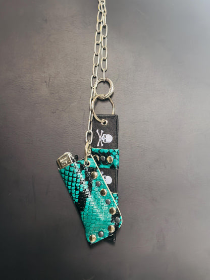Leather Lighter Holder Keychain, Turquoise Snakeskin Finish, Long Chain with Skull Webbing