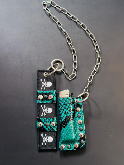 Leather Lighter Holder Keychain, Turquoise Snakeskin Finish, Long Chain with Skull Webbing