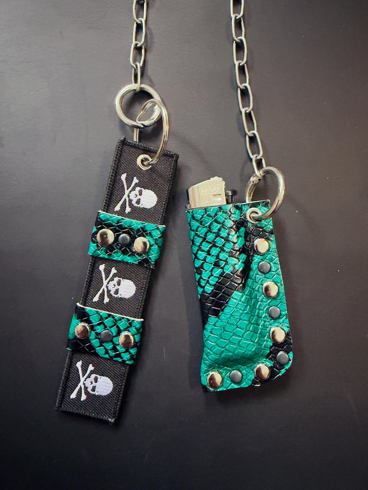Leather Lighter Holder Keychain, Turquoise Snakeskin Finish, Long Chain with Skull Webbing