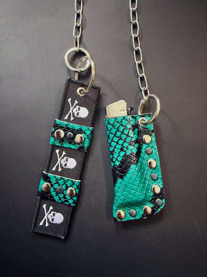Leather Lighter Holder Keychain, Turquoise Snakeskin Finish, Long Chain with Skull Webbing