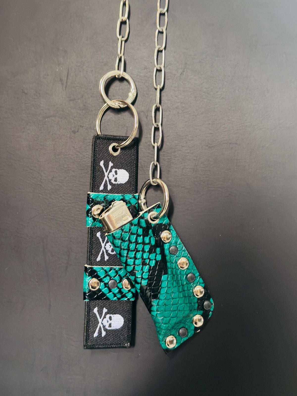 Leather Lighter Holder Keychain, Turquoise Snakeskin Finish, Long Chain with Skull Webbing