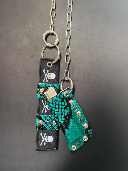 Leather Lighter Holder Keychain, Turquoise Snakeskin Finish, Long Chain with Skull Webbing