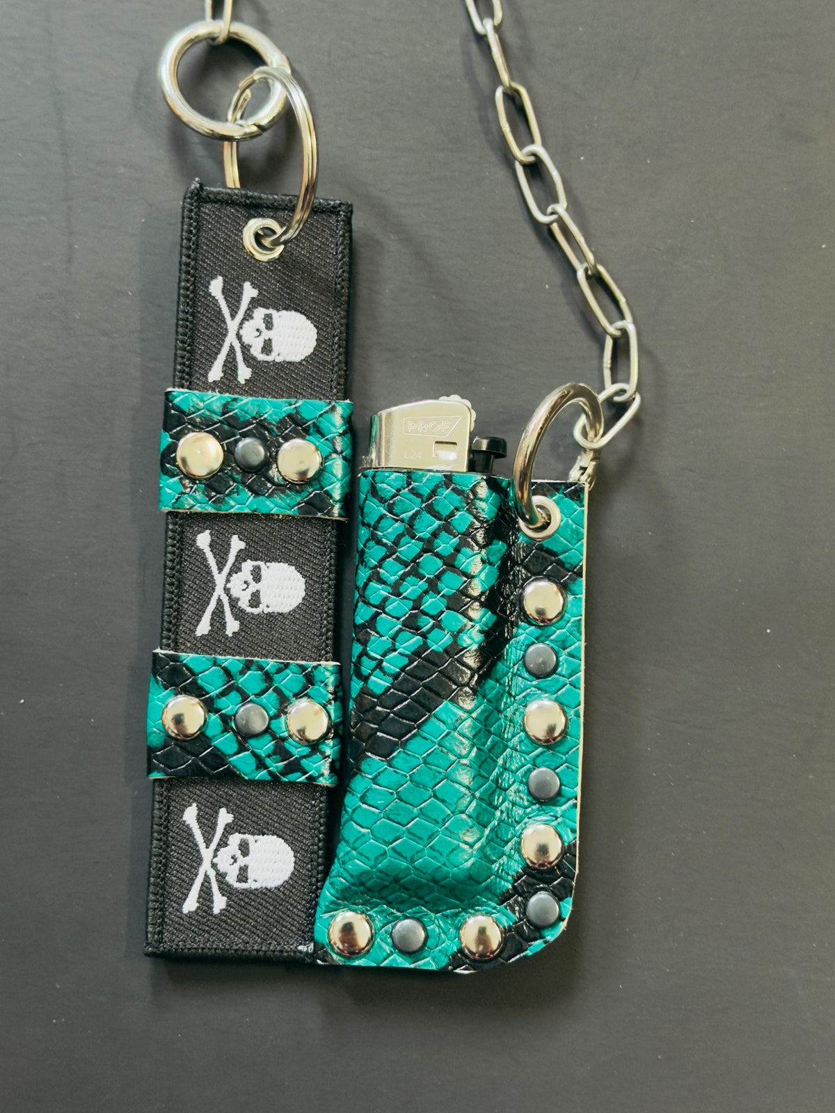 Leather Lighter Holder Keychain, Turquoise Snakeskin Finish, Long Chain with Skull Webbing