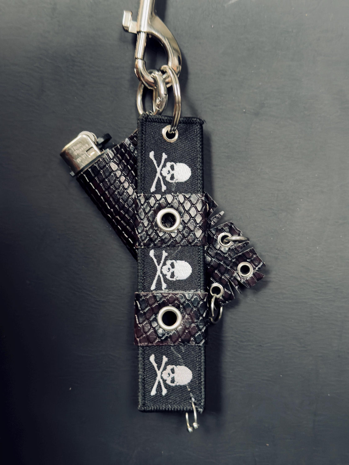 Leather Lighter Holder Keychain, Skull Flame Design, Dark Red Snake Print, Nightlife Accessory