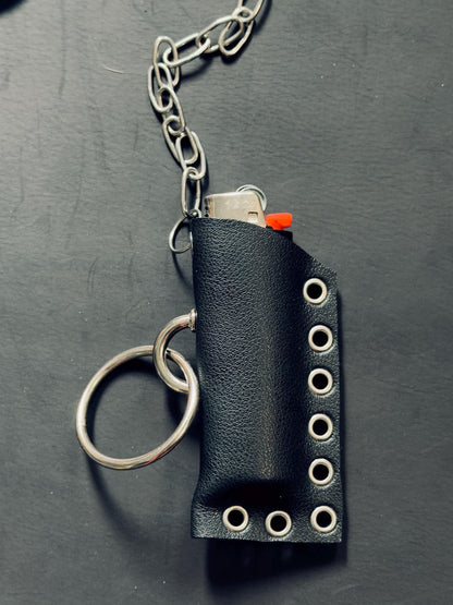 Leather lighter holder keychain, Handmade O-Ring Bag Charm with Long Chain, Gothic accessories