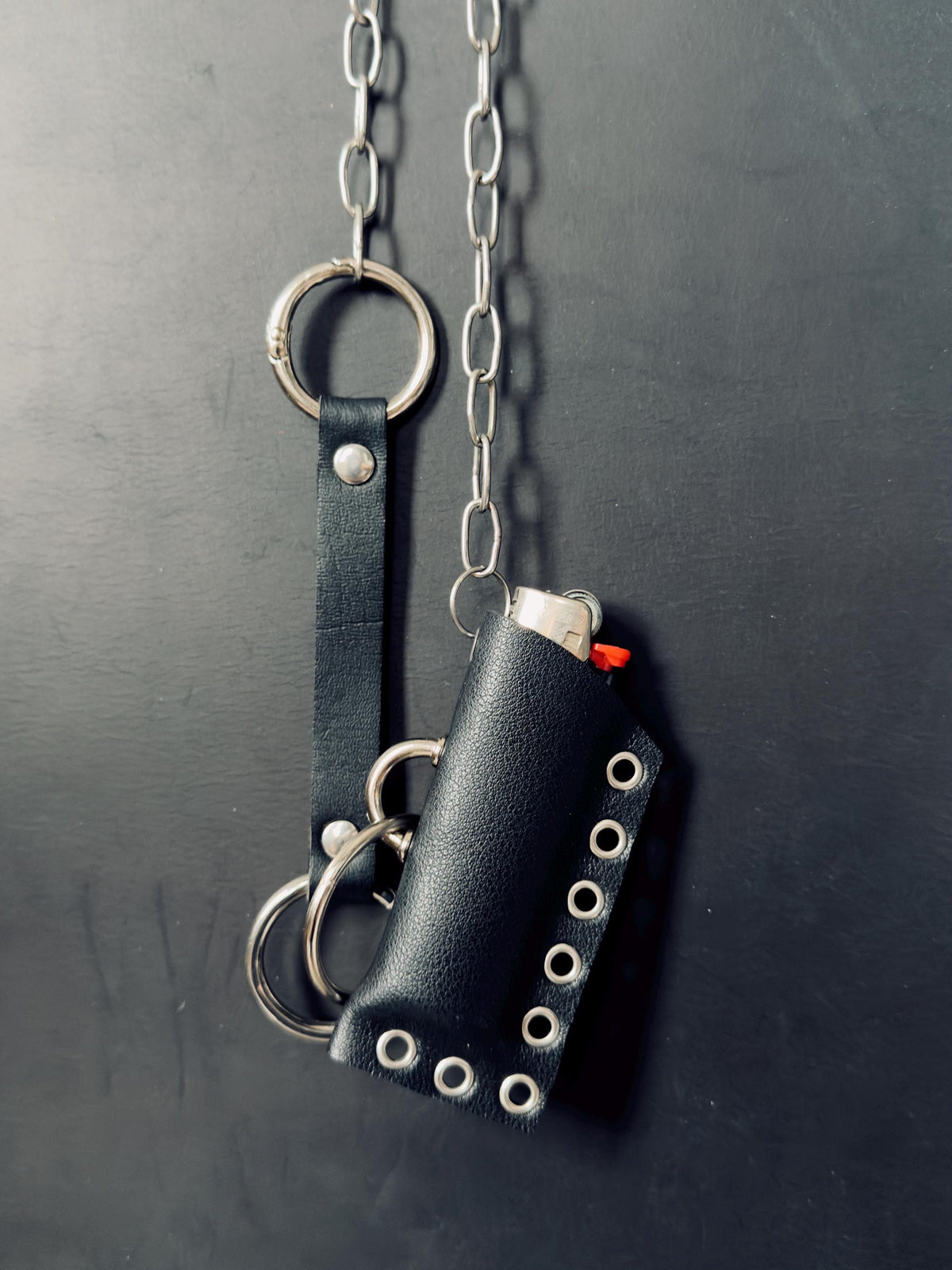 Leather lighter holder keychain, Handmade O-Ring Bag Charm with Long Chain, Gothic accessories