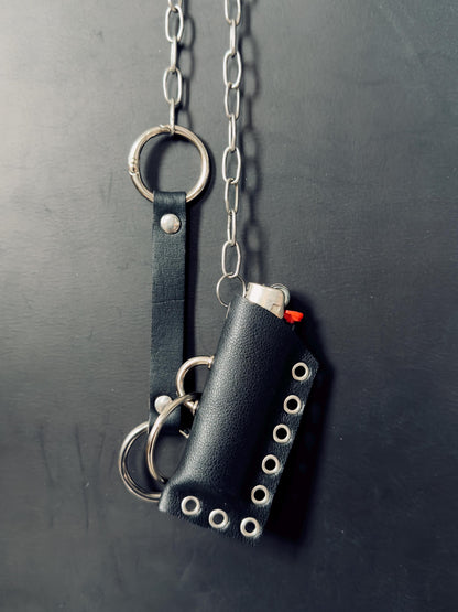Leather lighter holder keychain, Handmade O-Ring Bag Charm with Long Chain, Gothic accessories