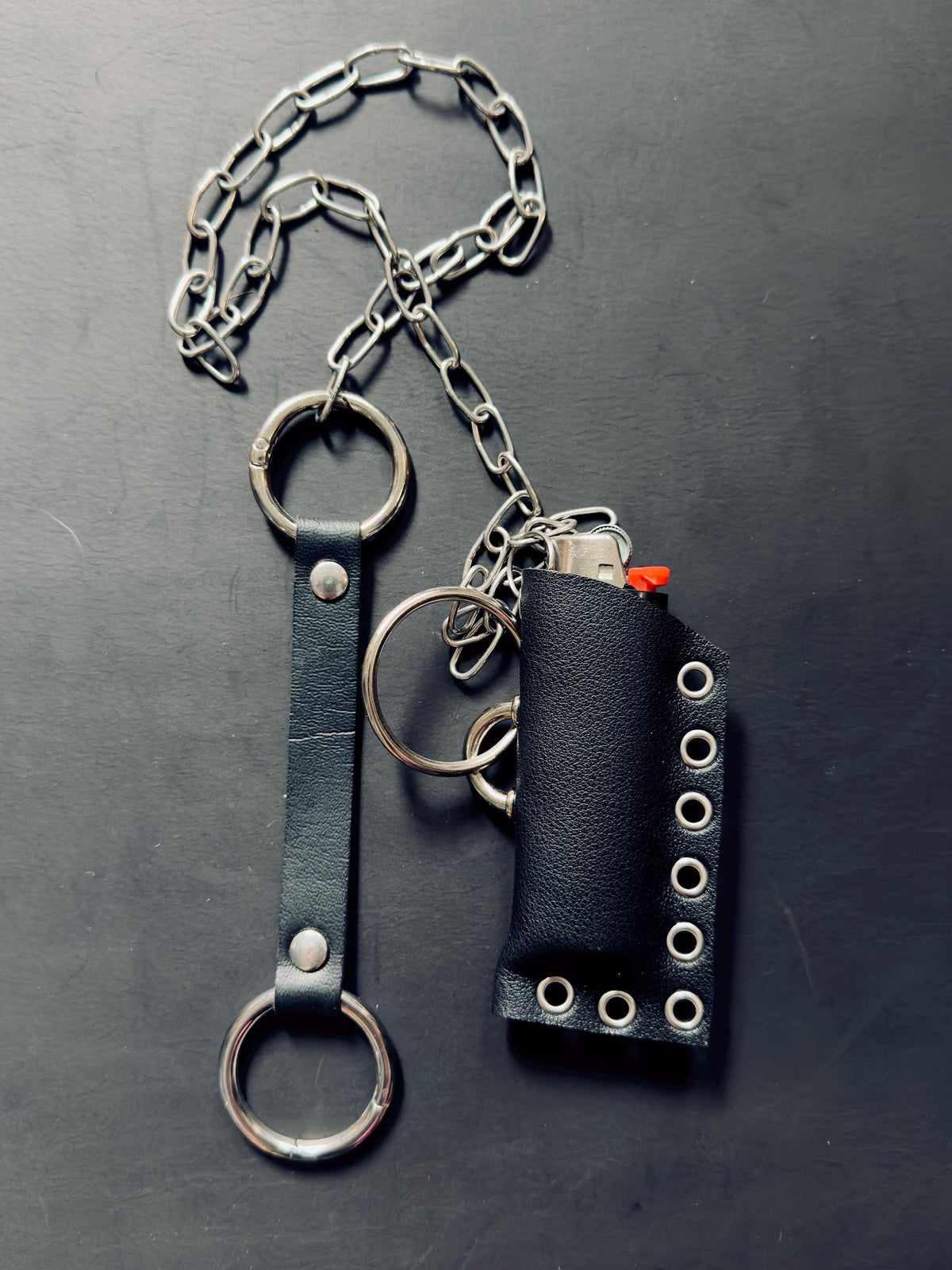 Leather lighter holder keychain, Handmade O-Ring Bag Charm with Long Chain, Gothic accessories