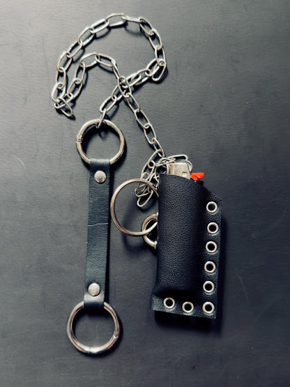 Leather lighter holder keychain, Handmade O-Ring Bag Charm with Long Chain, Gothic accessories