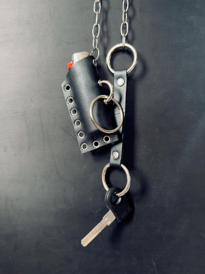 Leather lighter holder keychain, Handmade O-Ring Bag Charm with Long Chain, Gothic accessories