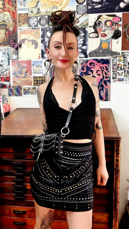 Spiked Leather Crossbody Bag, Italian Vegetable Tanned Hide, Stainless Steel Hardware