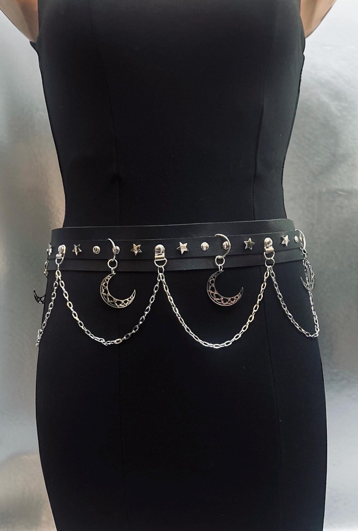 Moons & Chains Gothic Belt - Synthetic or Premium Genuine Leather - Stainless Steel Hardware and chains