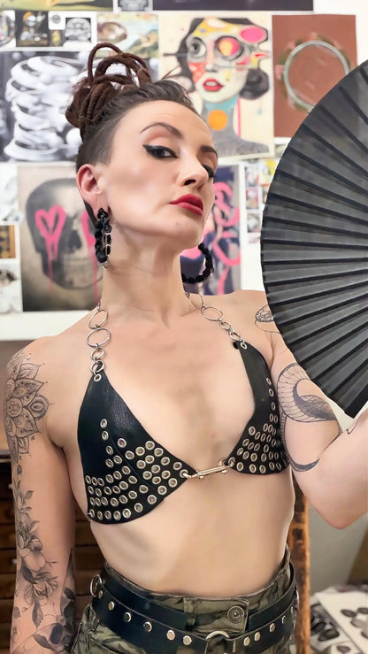 Forged Eye Goat Leather Bikini Top, Festival O-Ring Chain Harness