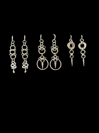 Stainless Steel Spike Earrings – Chainmail O-Ring Drop Earrings, Industrial Gothic Punk Jewellery